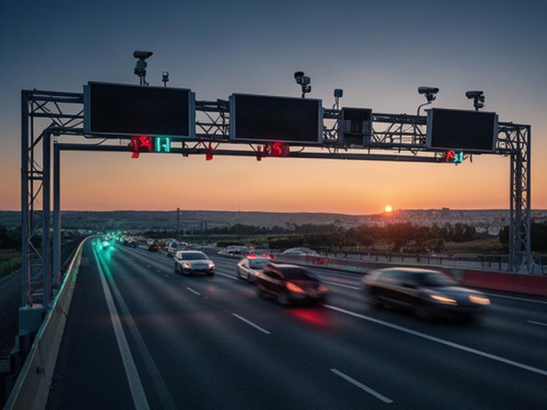 Mautbrücke über einer mehrspurigen Straße bei Abendlicht mit Kameras und Fahrzeugsensoren